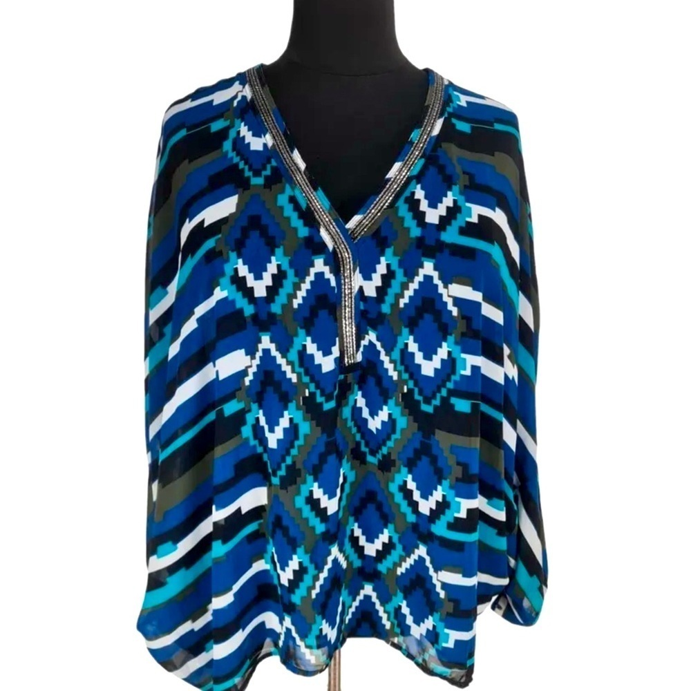 Lane Bryant chiffon Aztec w/ stripes tunic blouse and dolman sleeves.